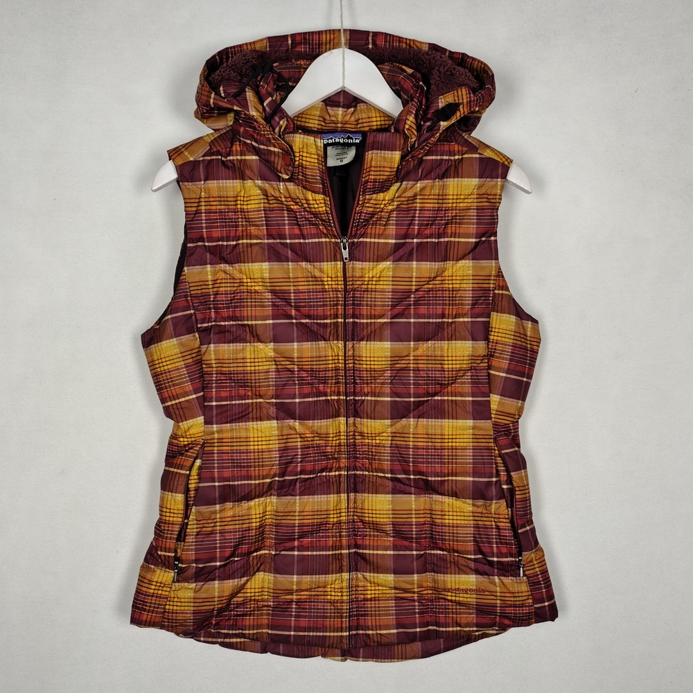 Patagonia Women Hooded Down Vest Plaid Burgundy Orange Yellow 28395 M